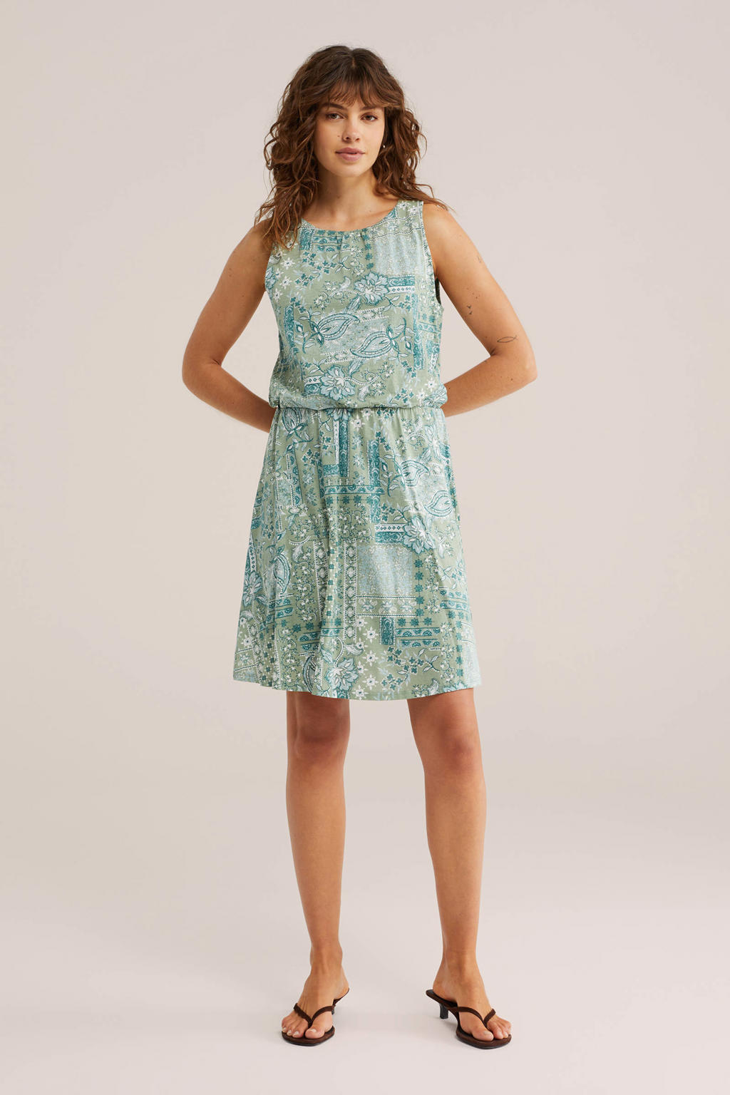 Groene dames WE Fashion zomerjurk van katoen met paisley print en ronde hals