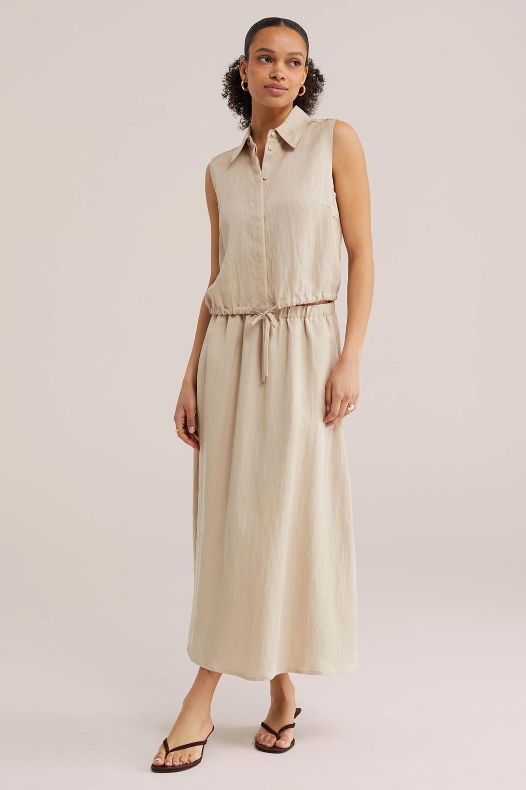 Beige dames WE Fashion top van lyocell met effen en klassieke kraag