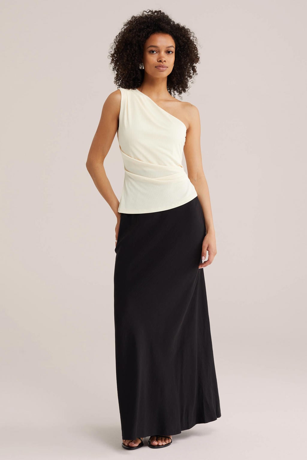 Zwart en witte dames WE Fashion jurk van polyester met effen en one shoulder
