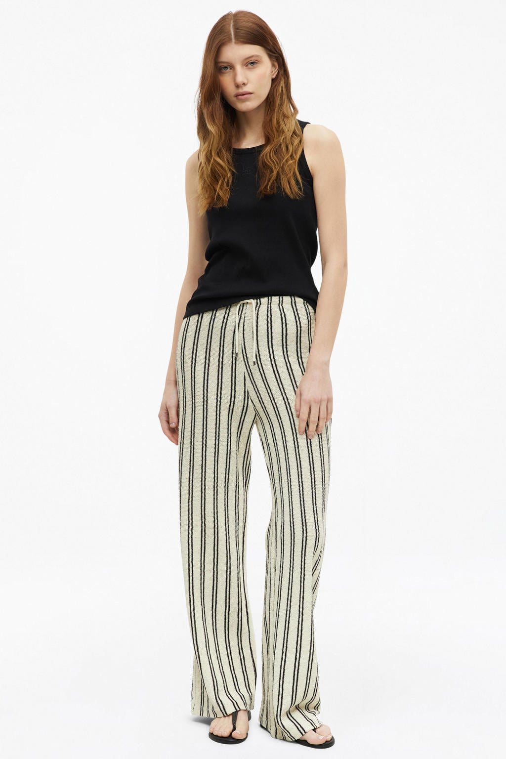 Beige en zwarte dames s.Oliver wide leg gestreepte broek van katoen met high waist en elastische tailleband met koord