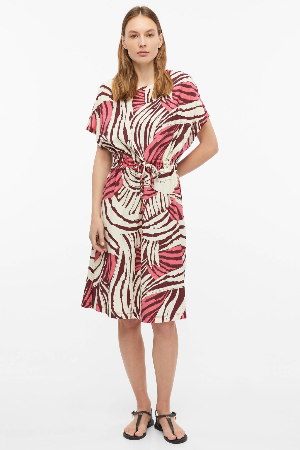 Roze en ecru dames s.Oliver T-shirtjurk zomerjurk van katoen met effen, korte mouwen en ronde hals