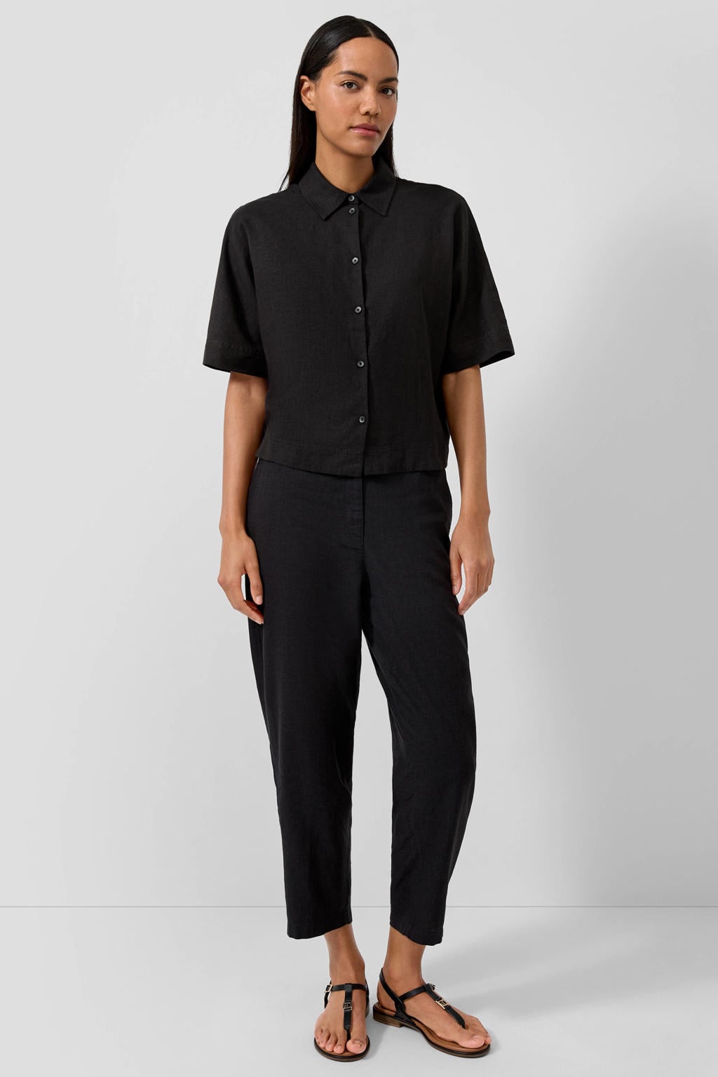 Zwarte dames s.Oliver blouse van linnen met effen, half lange mouwen, klassieke kraag en knoopsluiting