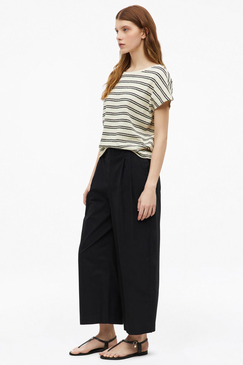 Beige en zwarte dames s.Oliver gestreepte top met korte mouwen en ronde hals