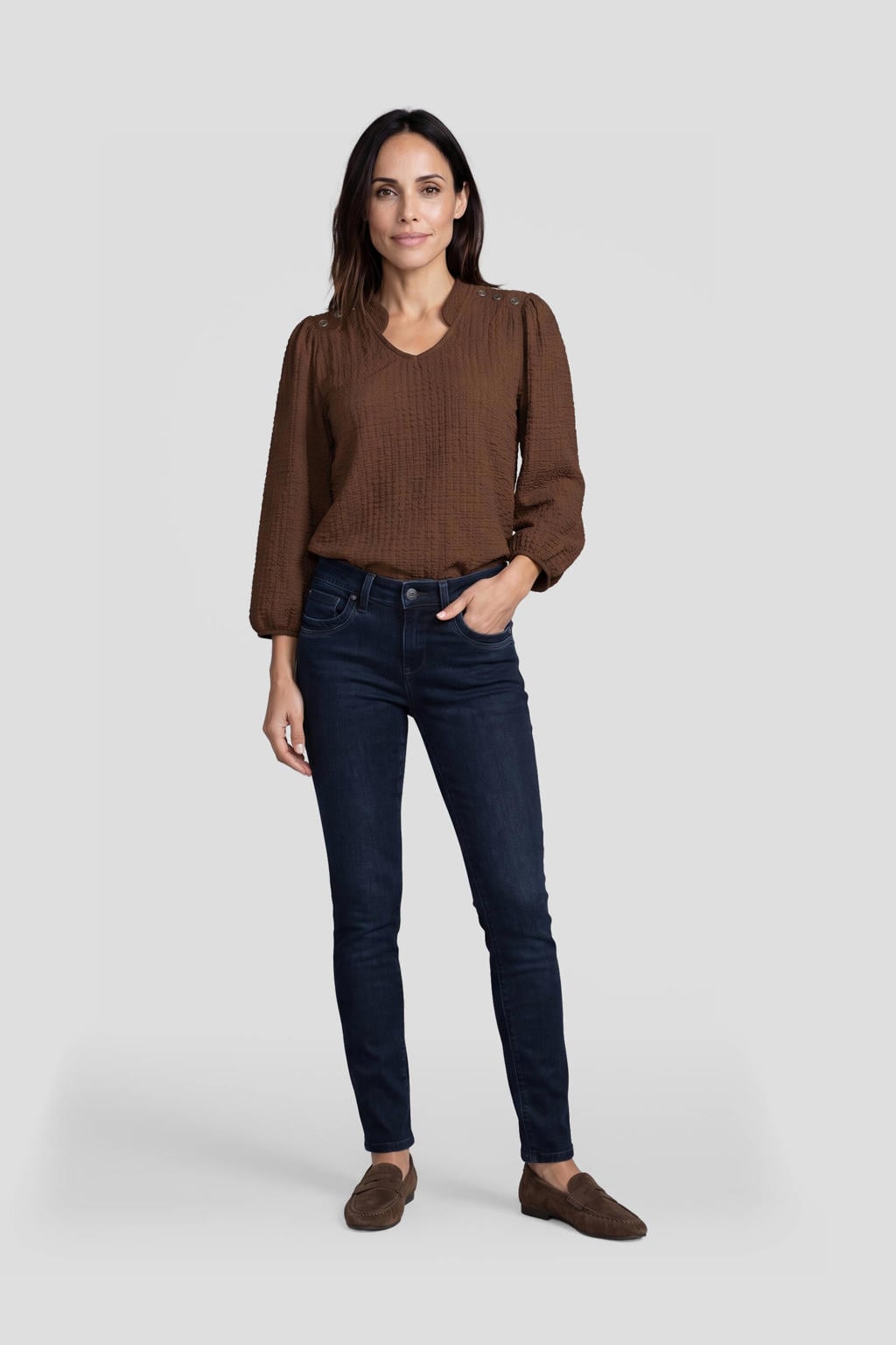 Bruine dames Dreamstar top van polyester met effen, driekwart mouwen en V-hals