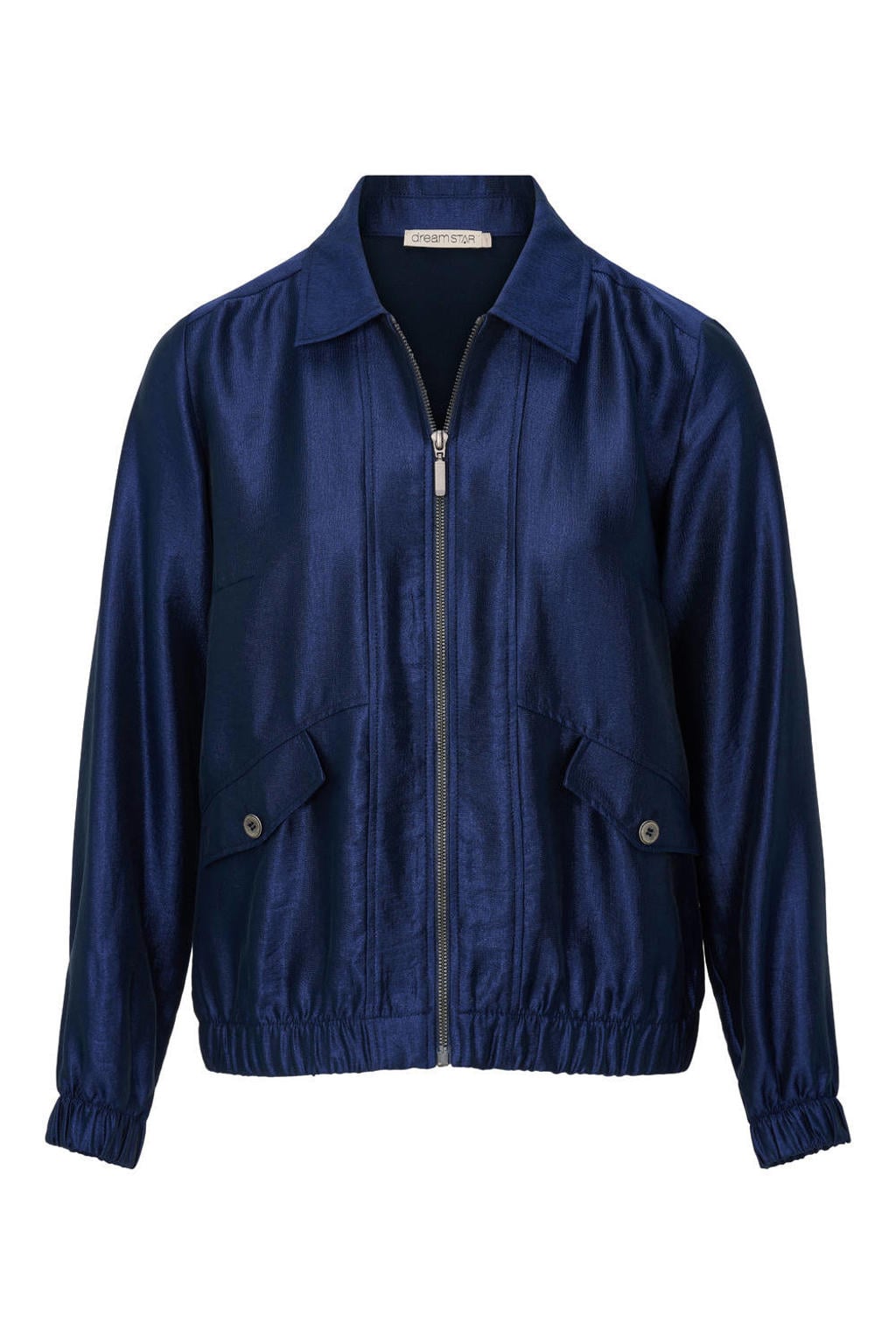 Donkerblauwe dames Dreamstar bomberjack van viscose met effen, lange mouwen en klassieke kraag