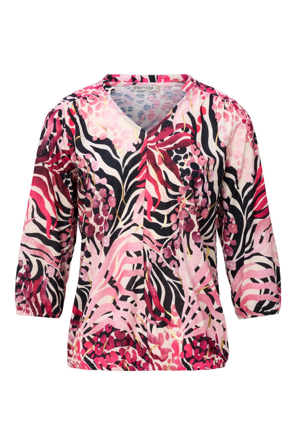 Roze dames Dreamstar top van polyester met driekwart mouwen en V-hals