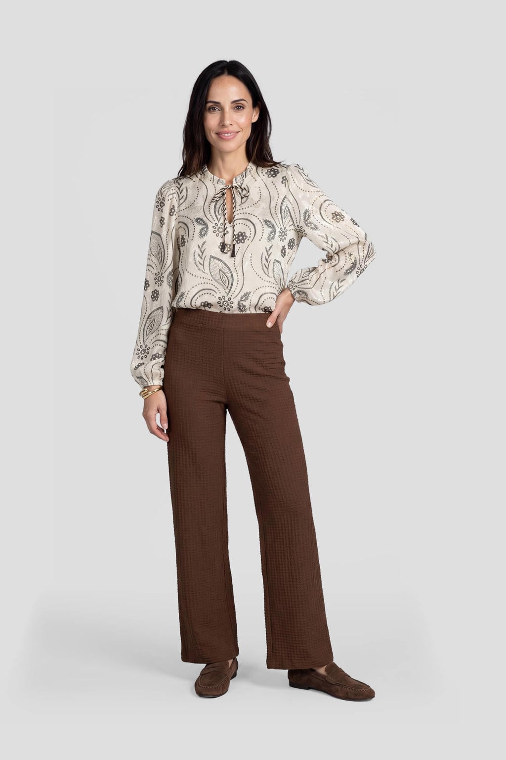 Ecru en donkerblauwe dames Dreamstar top van viscose met lange mouwen en V-hals
