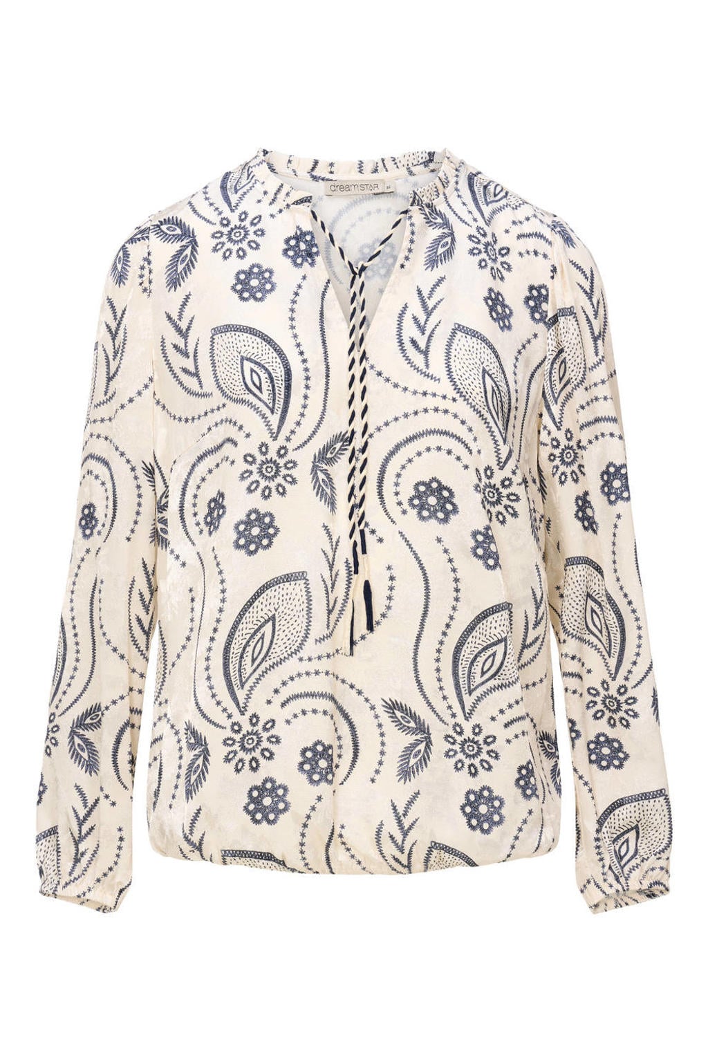 Ecru en donkerblauwe dames Dreamstar top van viscose met lange mouwen en V-hals