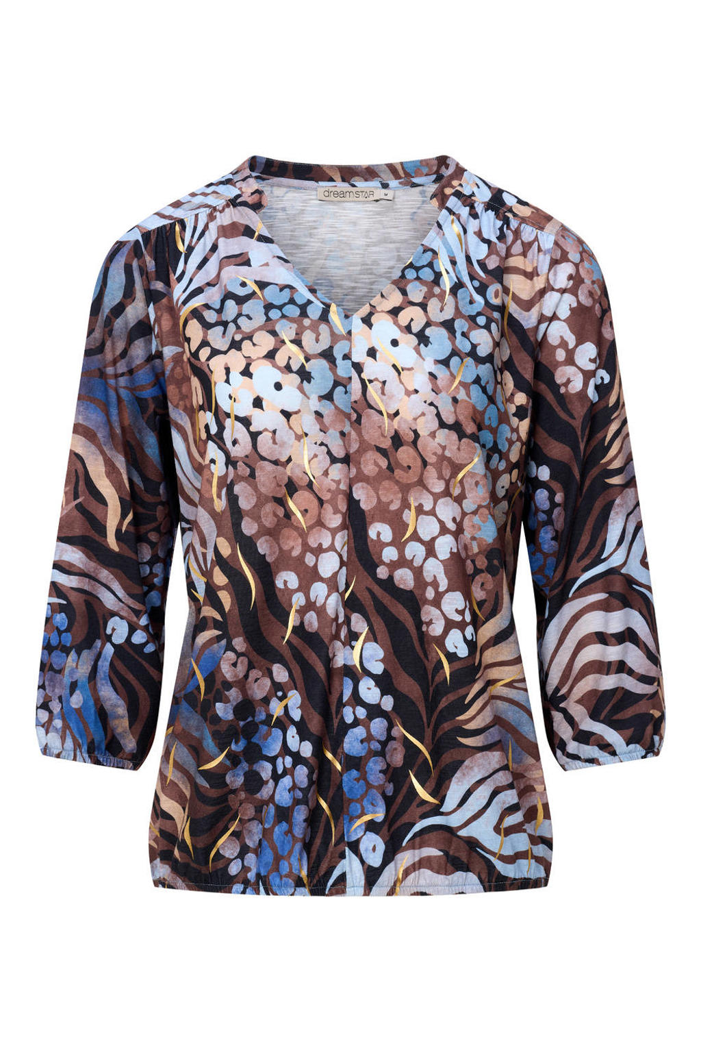 Blauwe dames Dreamstar top van polyester met driekwart mouwen en V-hals