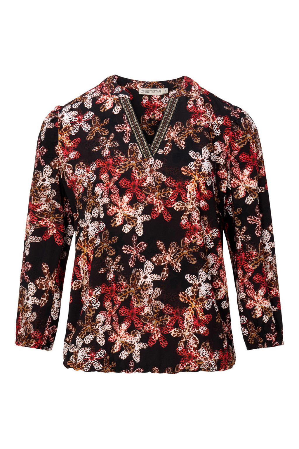 Zwarte dames Dreamstar gebloemde top van polyester met driekwart mouwen en V-hals