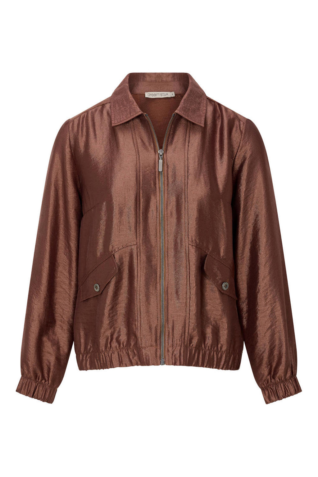 Bruine dames Dreamstar bomberjack van viscose met effen, lange mouwen en klassieke kraag
