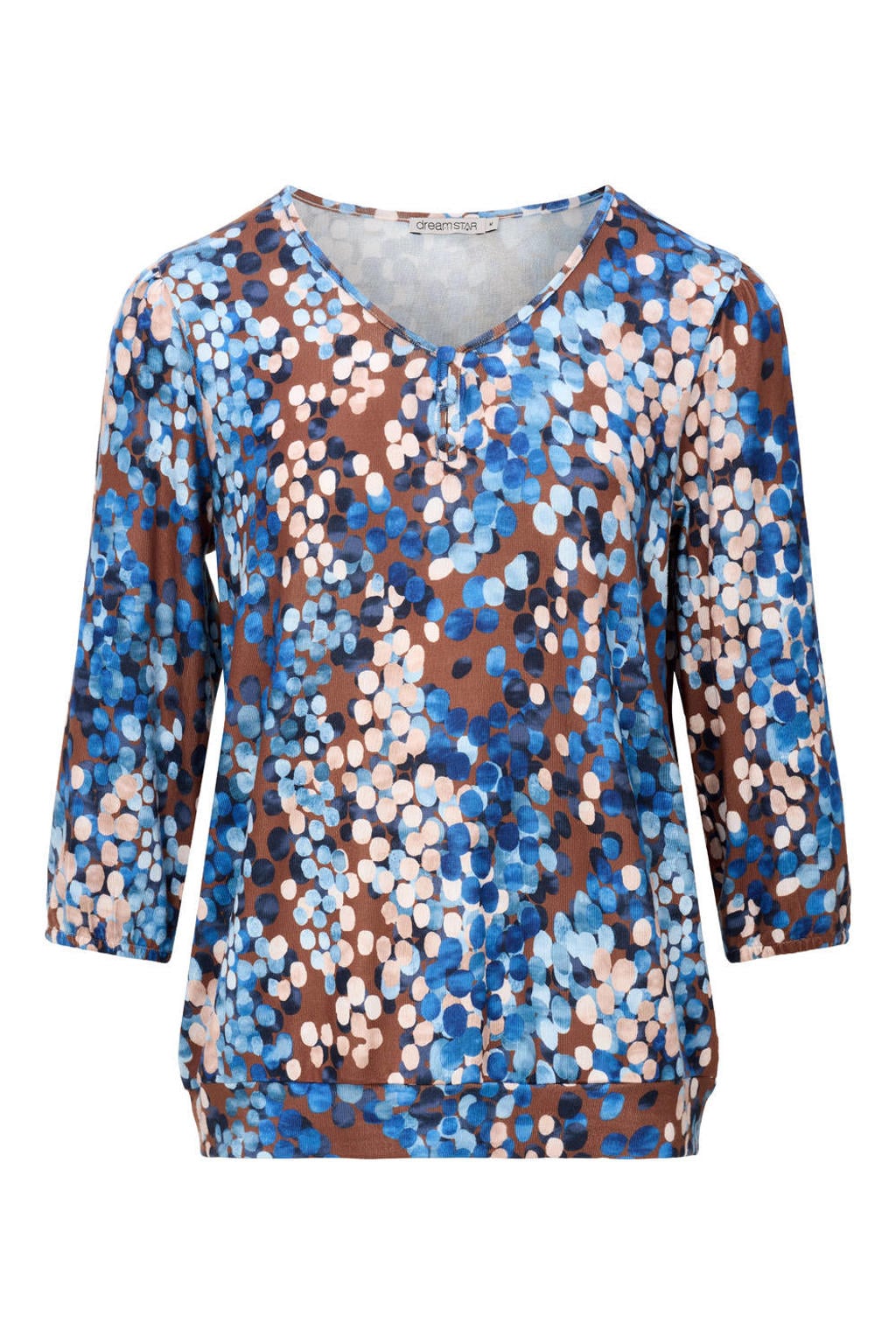 Blauwe dames Dreamstar top van polyester met driekwart mouwen en V-hals