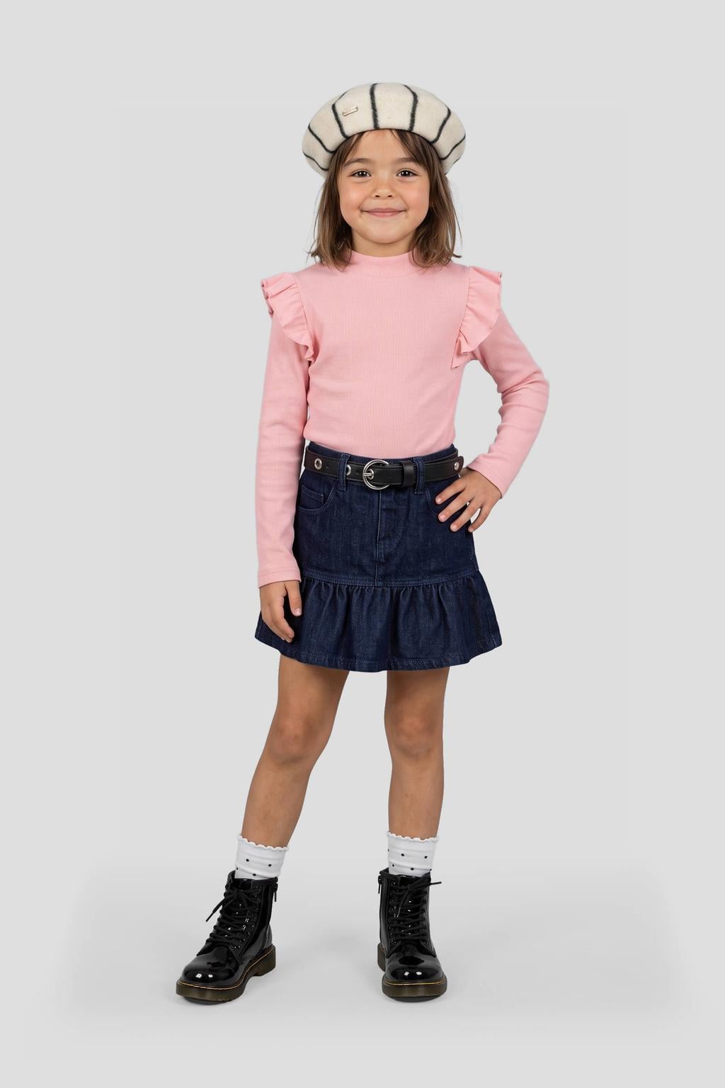 Roze meisjes Orange Stars longsleeve van stretchkatoen met effen, lange mouwen, opstaande kraag en ruches