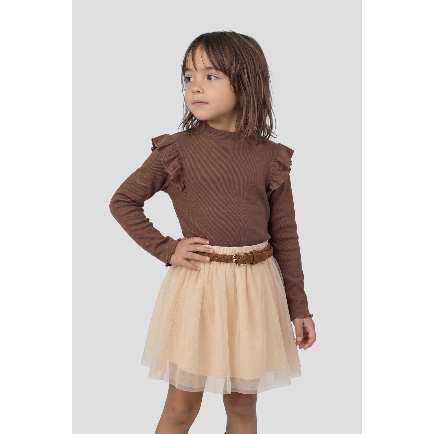 Orange Stars longsleeve met ruches donkerbruin