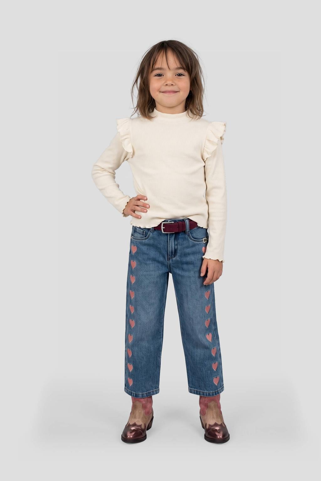 Ecru meisjes Orange Stars longsleeve van stretchkatoen met effen, lange mouwen, opstaande kraag en ruches