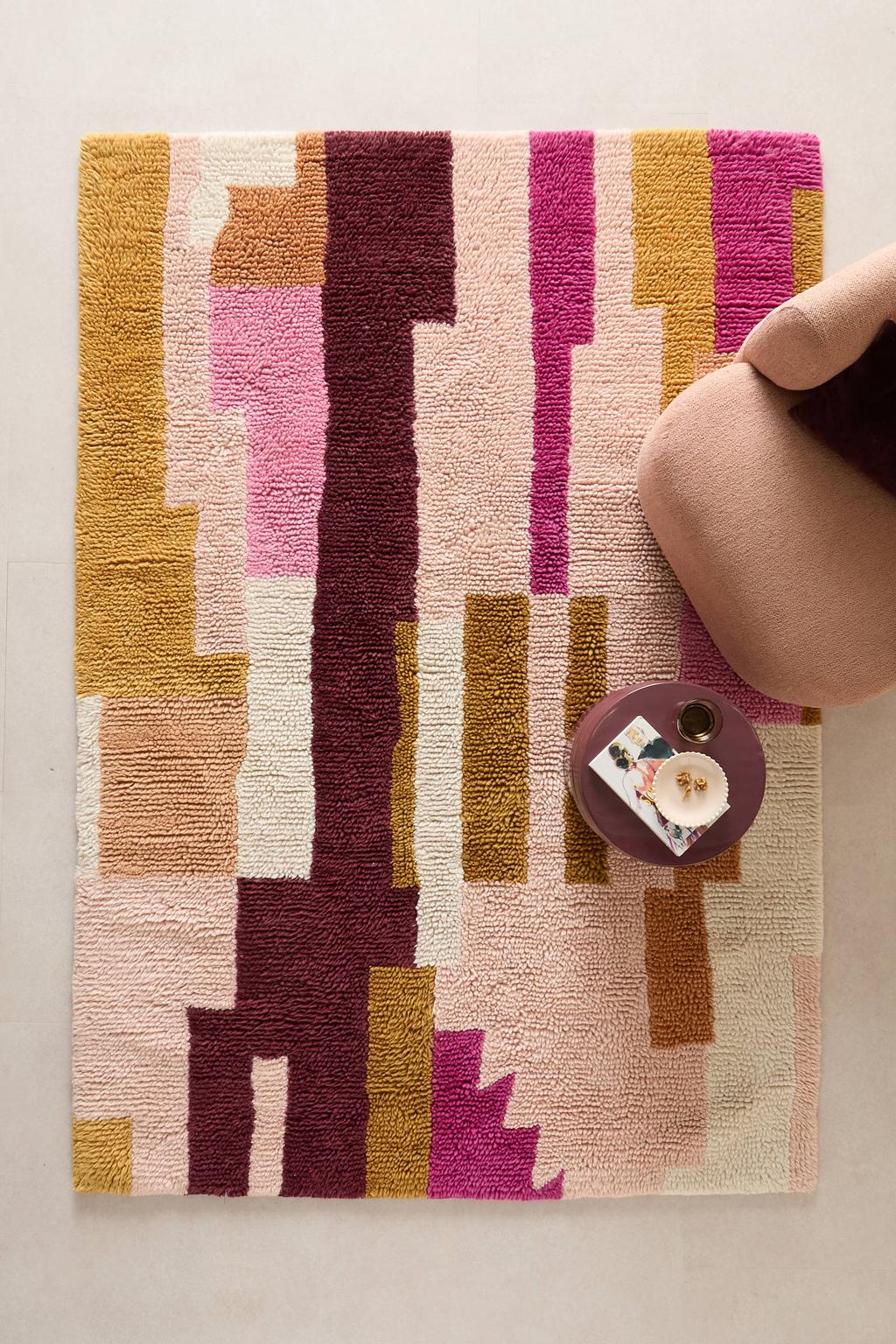 Studio LIVIT laagpolig rechthoekige wollen grafische vloerkleed Abel 203x160 cm - roze/burgundy/oker