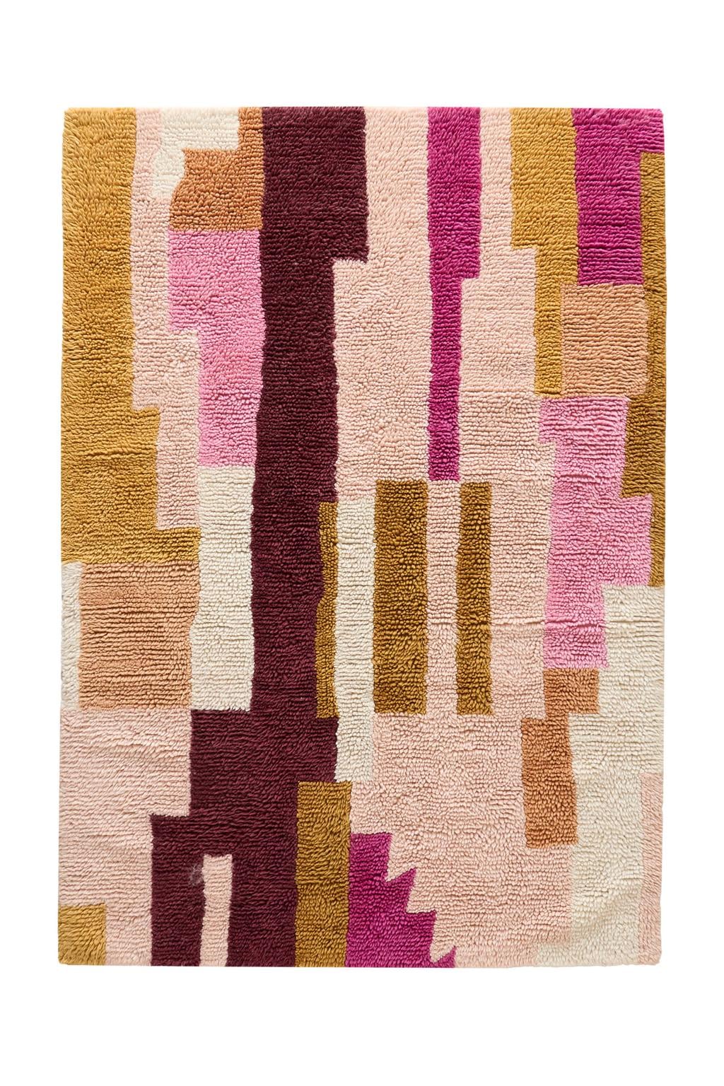 Studio LIVIT laagpolig rechthoekige wollen grafische vloerkleed Abel 290x200 cm - roze/bordeauxrood/oker