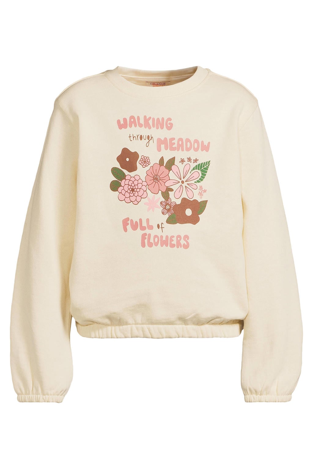 Ecru meisjes Orange Stars rechtvallende sweater van katoen met printopdruk, lange mouwen, ronde hals en elastische boord