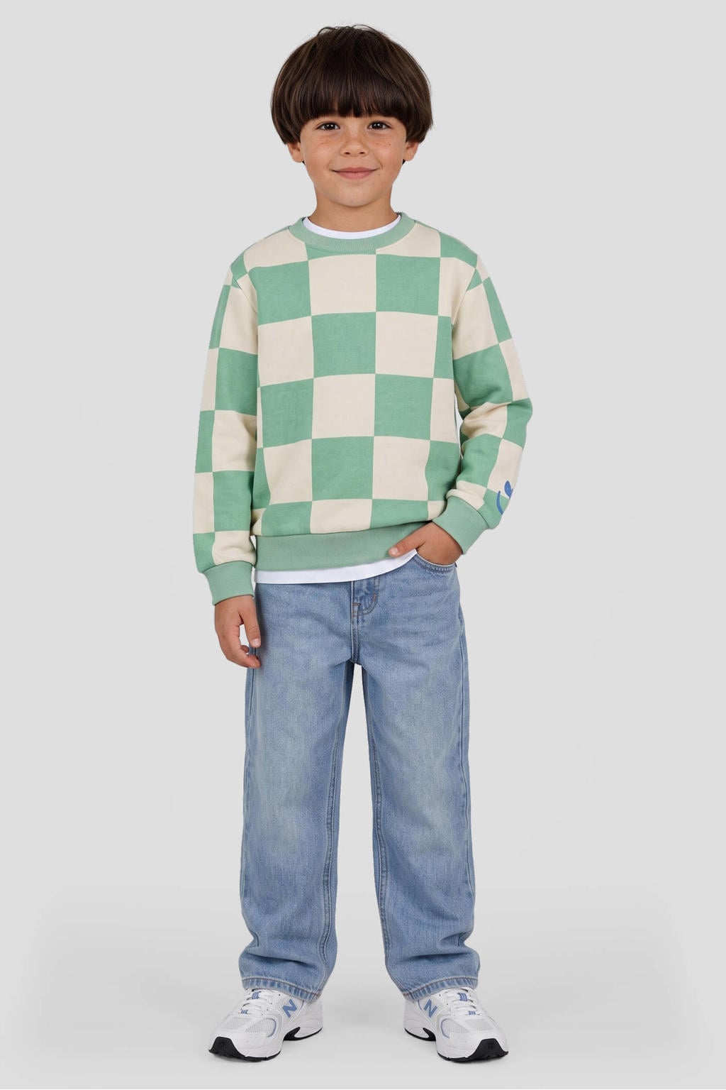 Mintgroen en ecru jongens Orange Stars geruite sweater met lange mouwen en ronde hals
