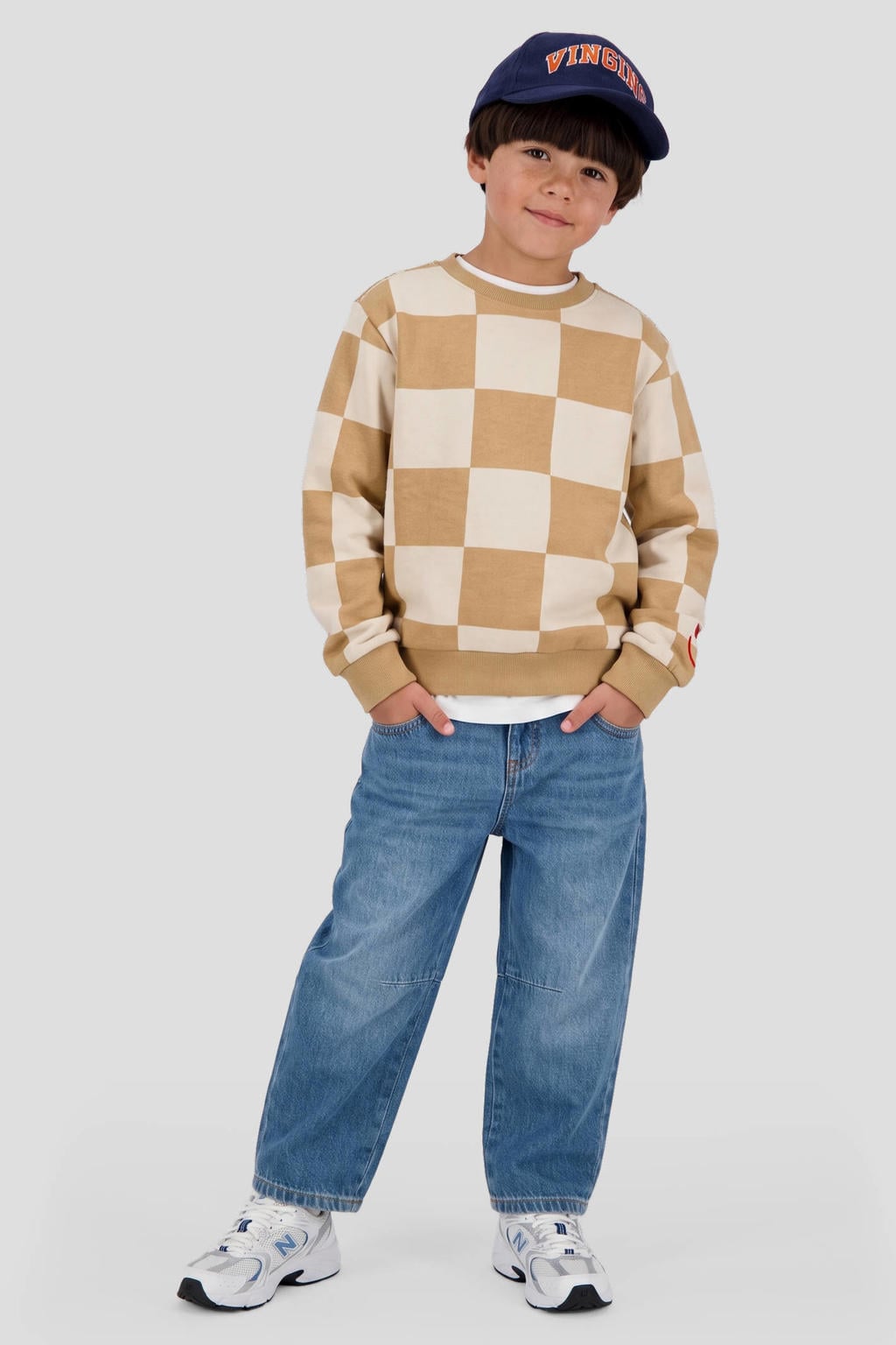 Zand en ecru jongens Orange Stars geruite sweater met lange mouwen en ronde hals