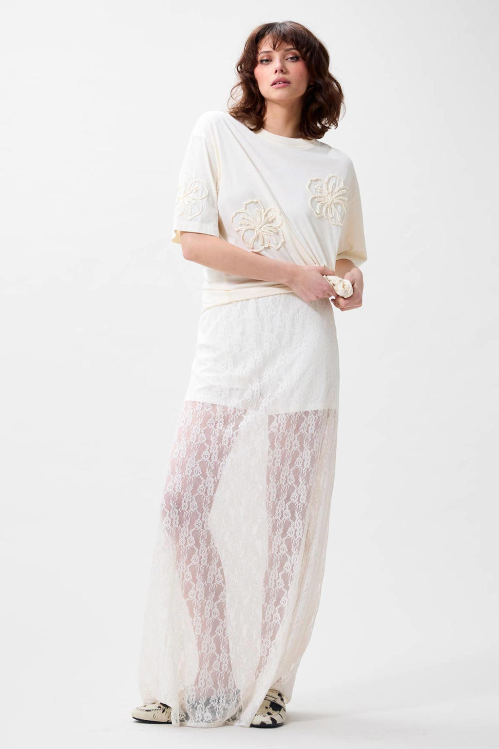 Ecru dames Catwalk Junkie kanten maxi rok voorzien van elastische tailleband
