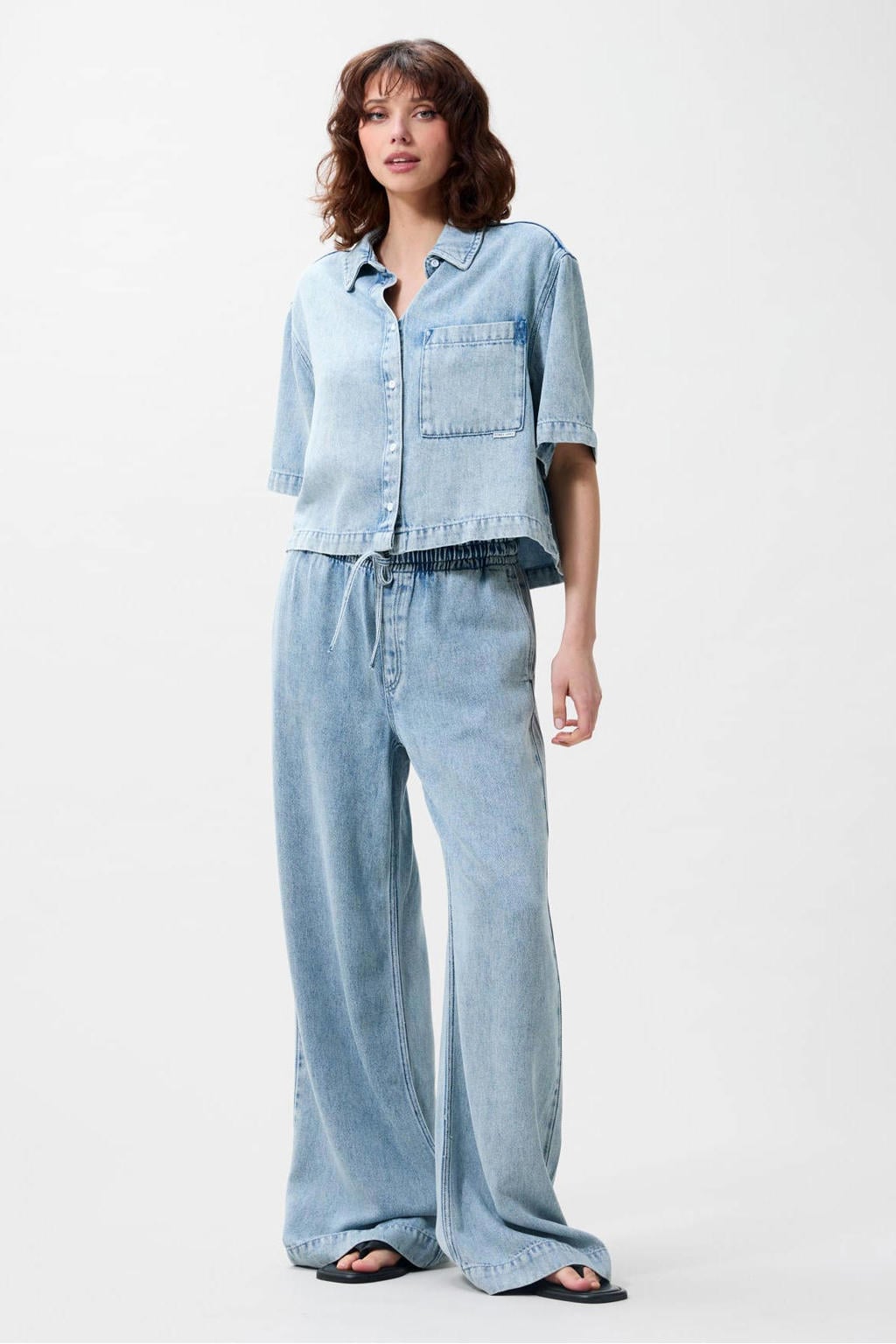 Light blue denim dames Catwalk Junkie blouse van lyocell met effen, korte mouwen, klassieke kraag en knoopsluiting