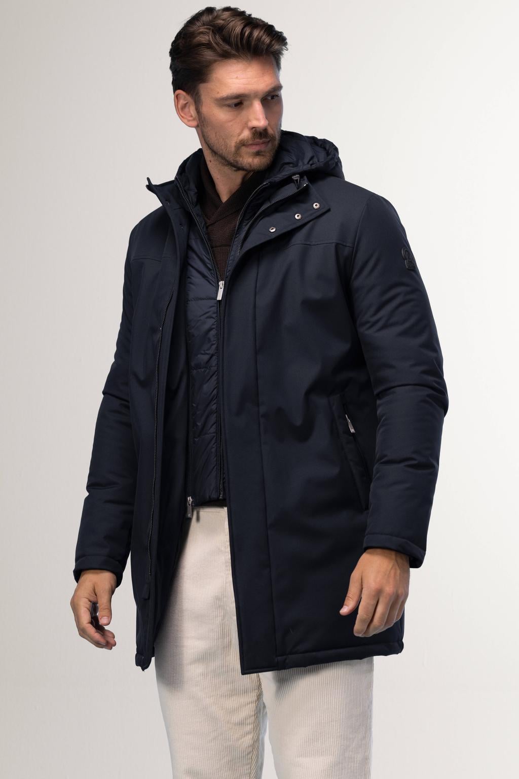Donkerblauwe heren Agiato winterparka van polyester met effen, lange mouwen, capuchon en rits- en drukknoopsluiting