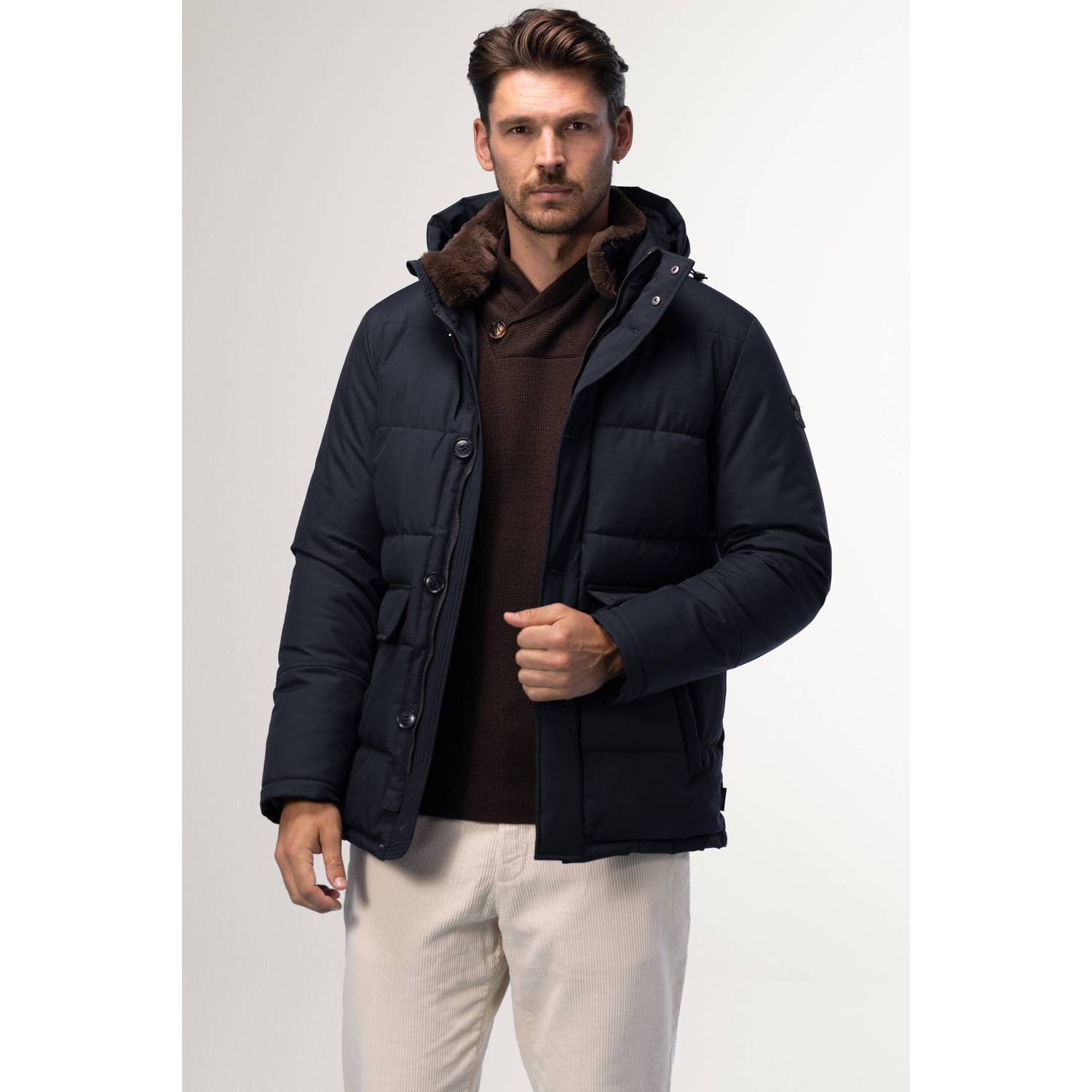 Agiato winterjas met imitatiebontkraag donkerblauw