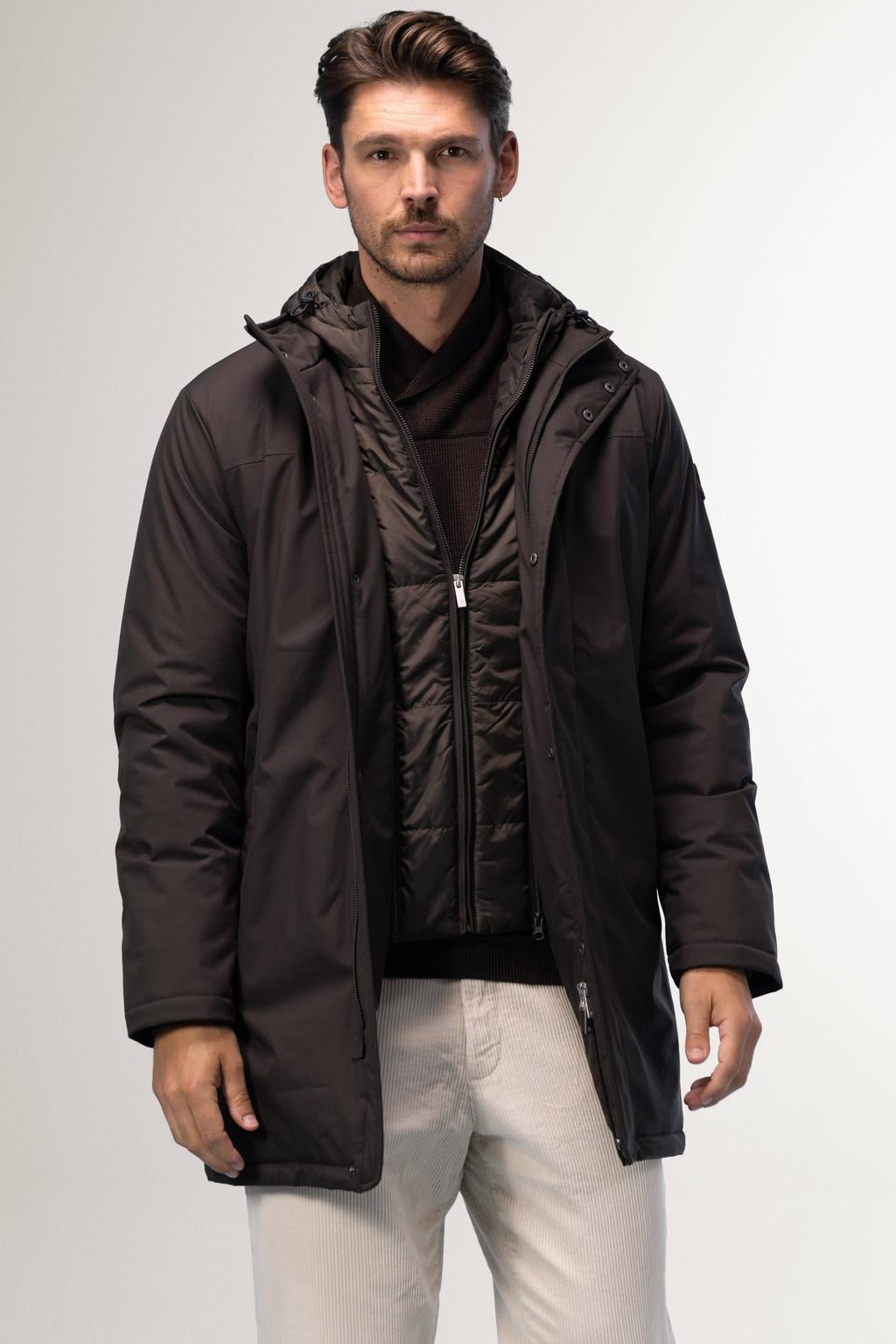 Donkerblauwe heren Agiato winterparka van polyester met effen, lange mouwen, capuchon en rits- en drukknoopsluiting