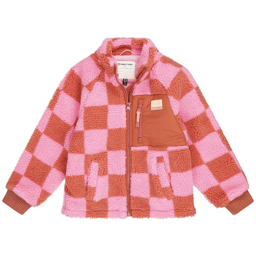 Roze en oranje meisjes Tumble 'n Dry geruite teddy jas van polyester met lange mouwen, opstaande kraag en ritssluiting
