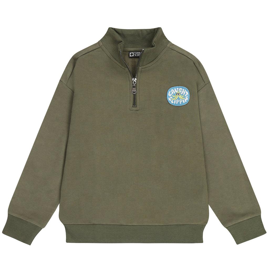 Olijfgroene jongens Tumble 'n Dry sweater en met backprint, lange mouwen, opstaande kraag en halve rits
