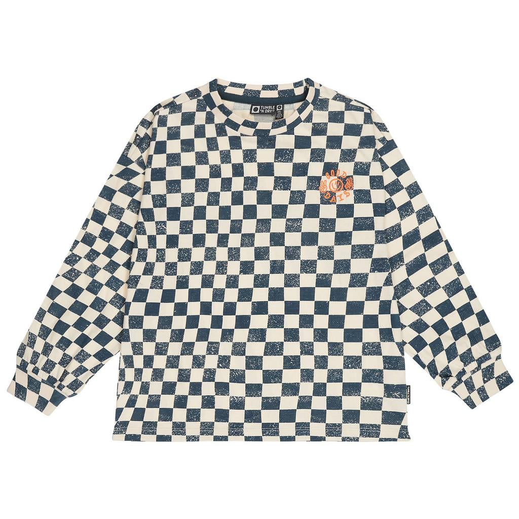 Grijsblauwe jongens Tumble 'n Dry geruite longsleeve blauw met lange mouwen en ronde hals