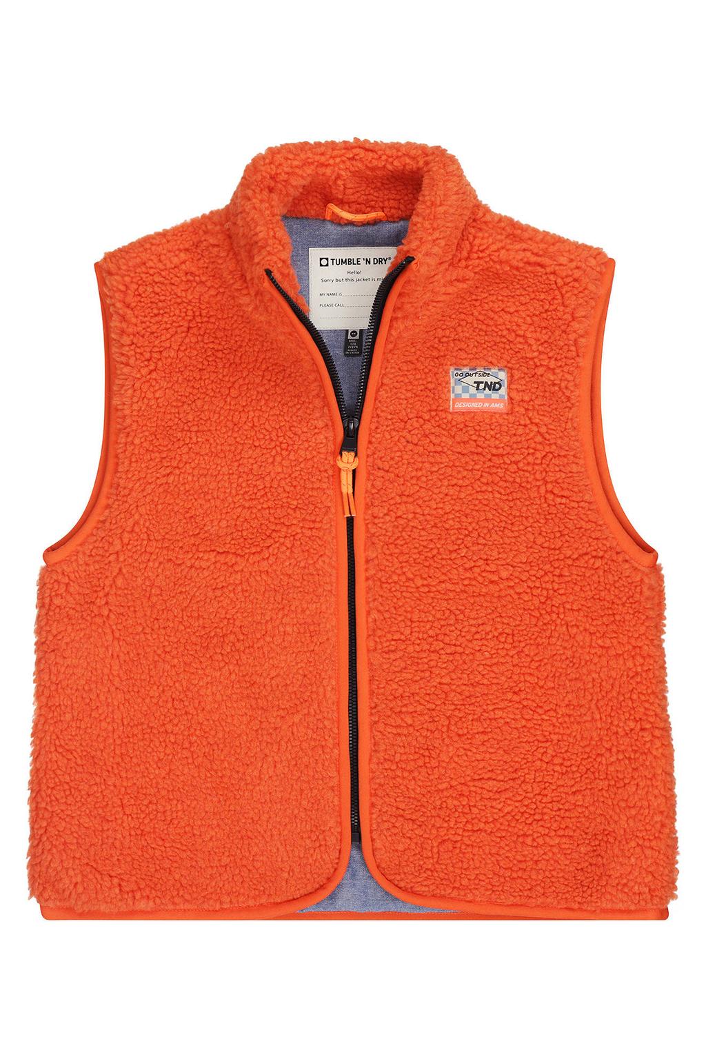 Oranje jongens Tumble 'n Dry teddy bodywarmer van polyester met opstaande kraag en ritssluiting