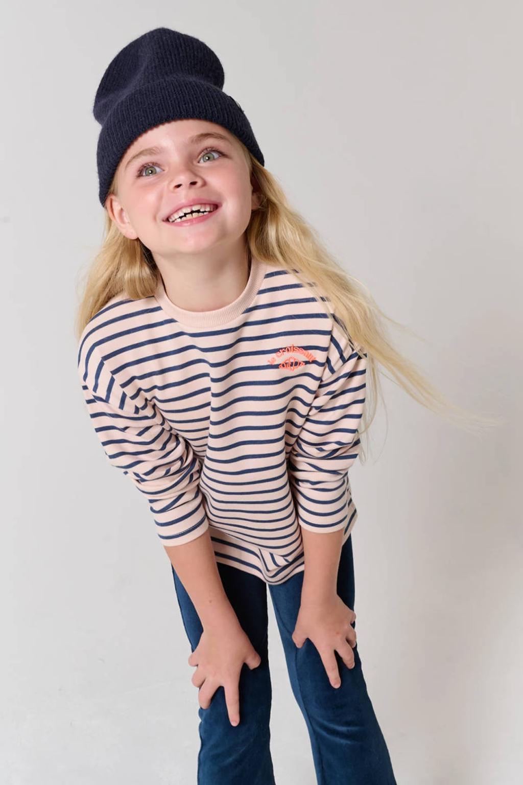 Grijsblauwe meisjes Tumble 'n Dry gestreepte longsleeve blauw van katoen-polyester met lange mouwen, ronde hals en borduursels