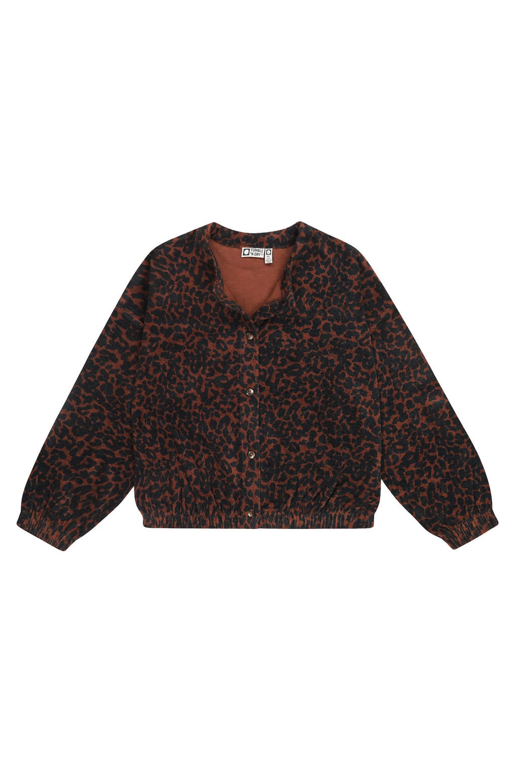 Donkerblauwe meisjes Tumble 'n Dry katoenen gebreide vest van badstof met dierenprint, lange mouwen, ronde hals, knoopsluiting en elastische boord