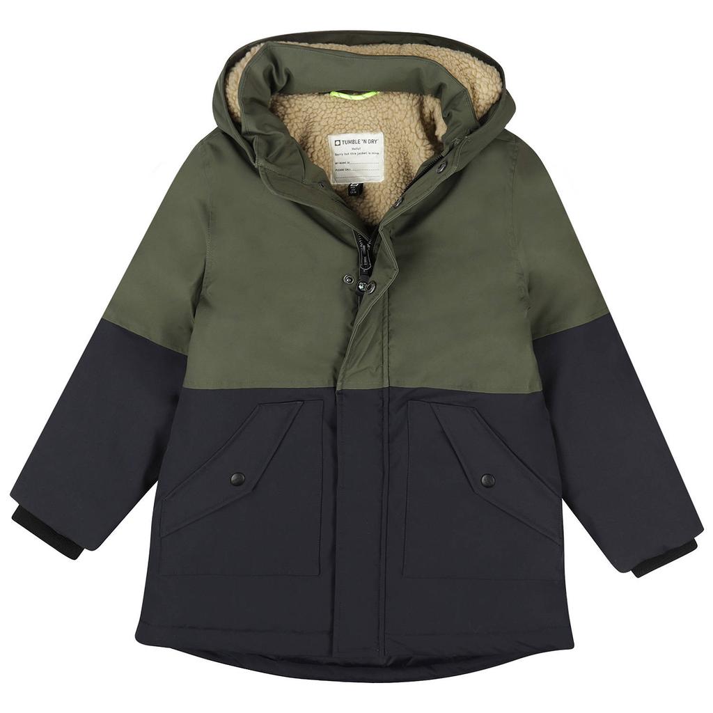Kaki en donkerblauwe jongens Tumble 'n Dry winterjas van polyester met lange mouwen en rits- en drukknoopsluiting