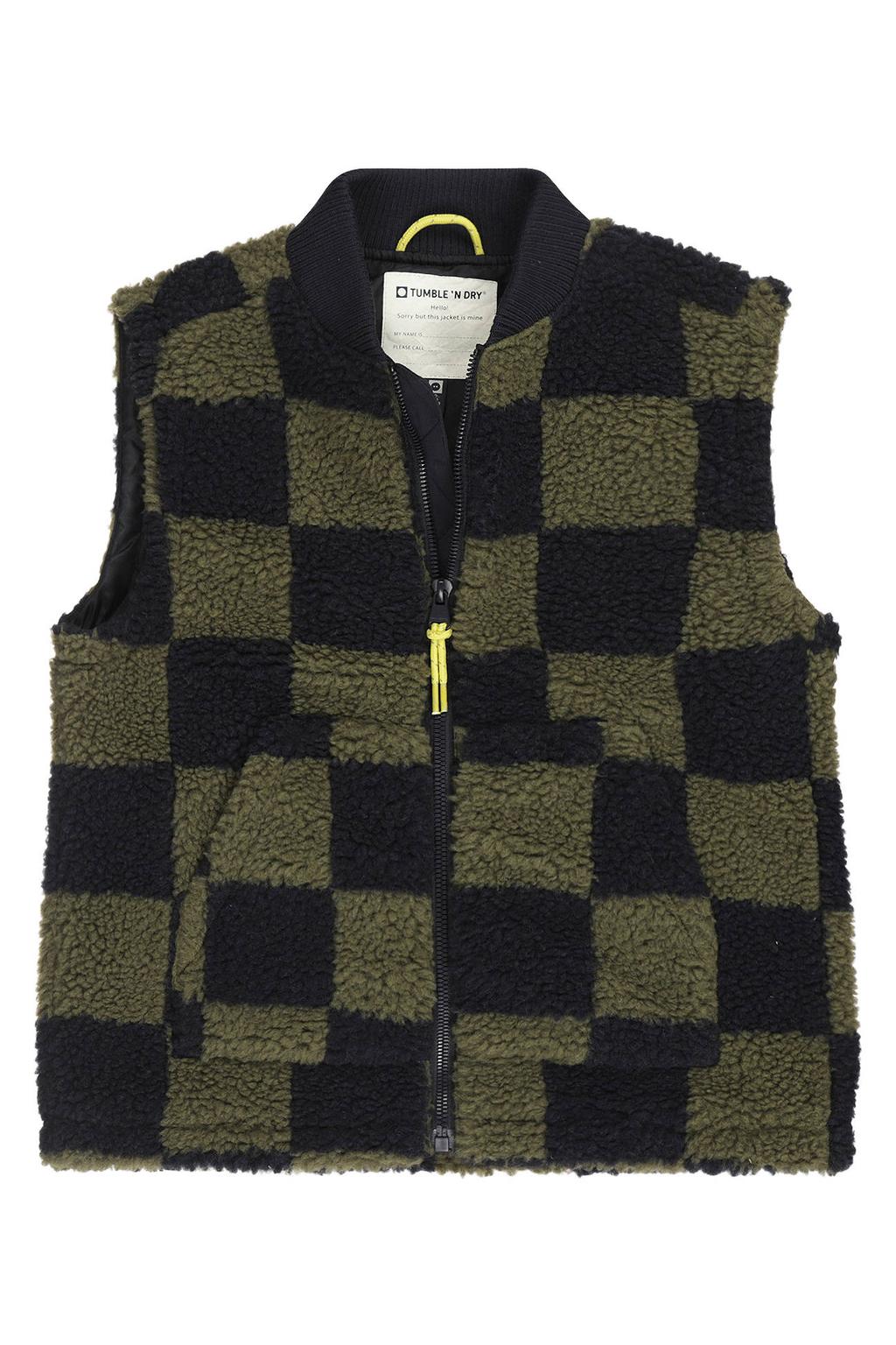 Olijfgroene jongens Tumble 'n Dry geruite teddy bodywarmer van polyester met opstaande kraag en ritssluiting
