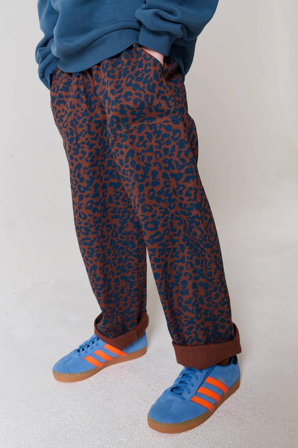 Donkerblauwe meisjes Tumble 'n Dry casual broek met elastische tailleband met koord en dierenprint