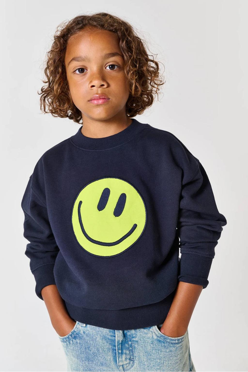 Donkerblauwe jongens Tumble 'n Dry sweater met printopdruk, lange mouwen en ronde hals
