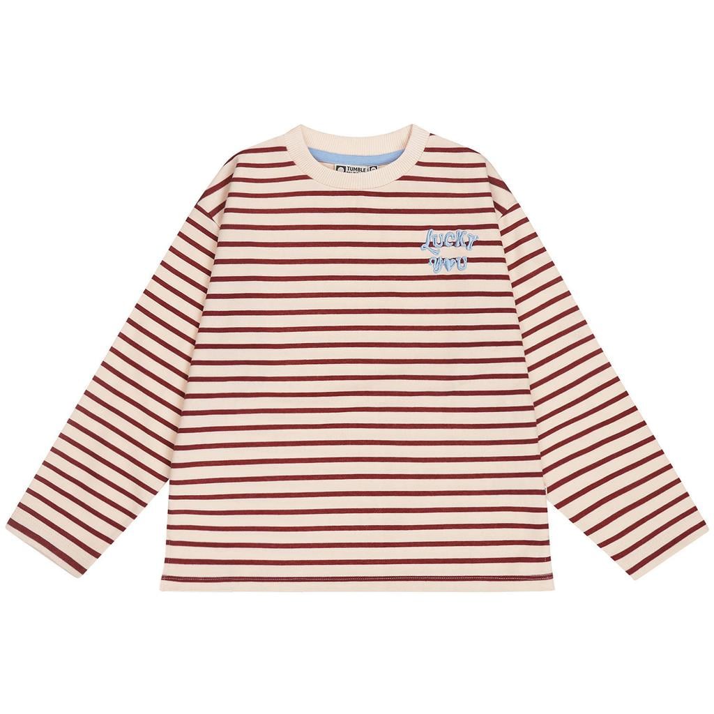 Donkerrode meisjes Tumble 'n Dry gestreepte longsleeve van katoen-polyester met lange mouwen, ronde hals en borduursels