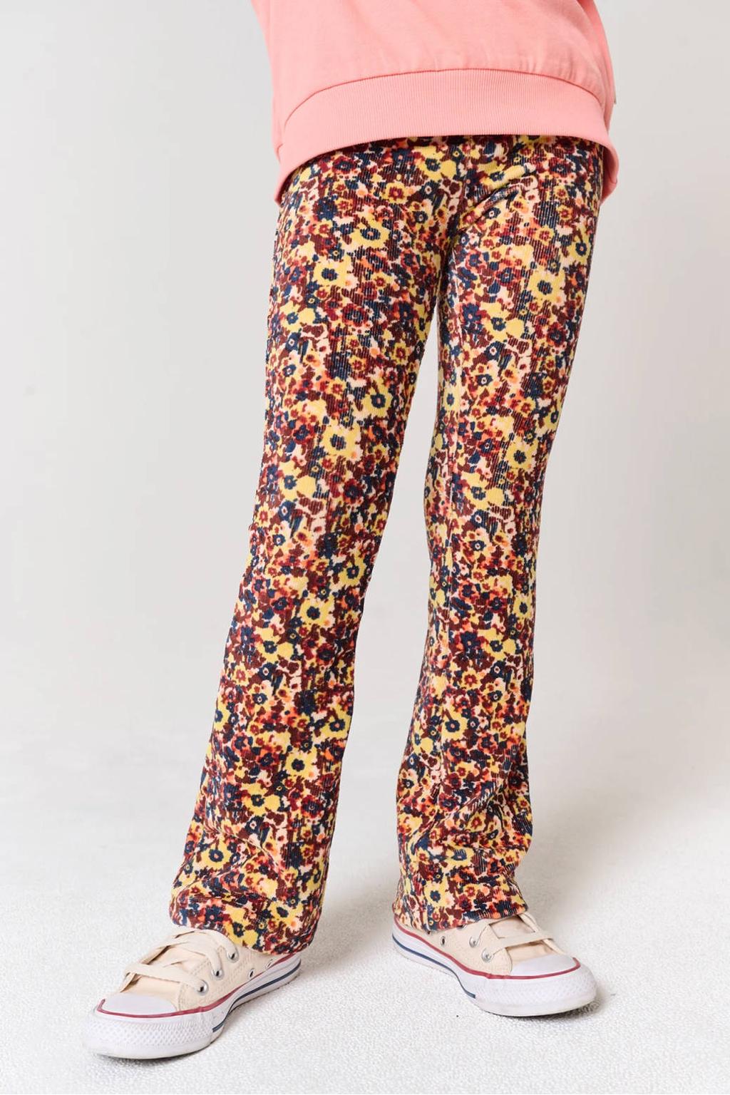 Geel, rood en oranje meisjes Tumble 'n Dry flared gebloemde broek van katoen-polyester met elastische tailleband