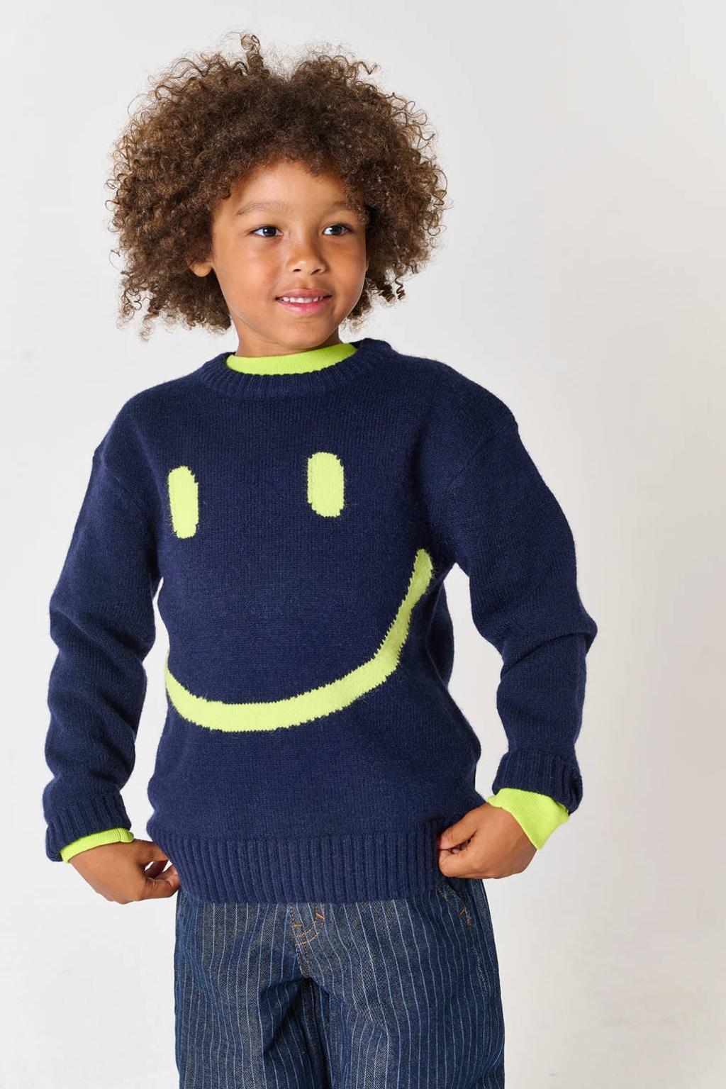 Donkerblauwe jongens Tumble 'n Dry sweat gebreide trui met printopdruk, lange mouwen en ronde hals