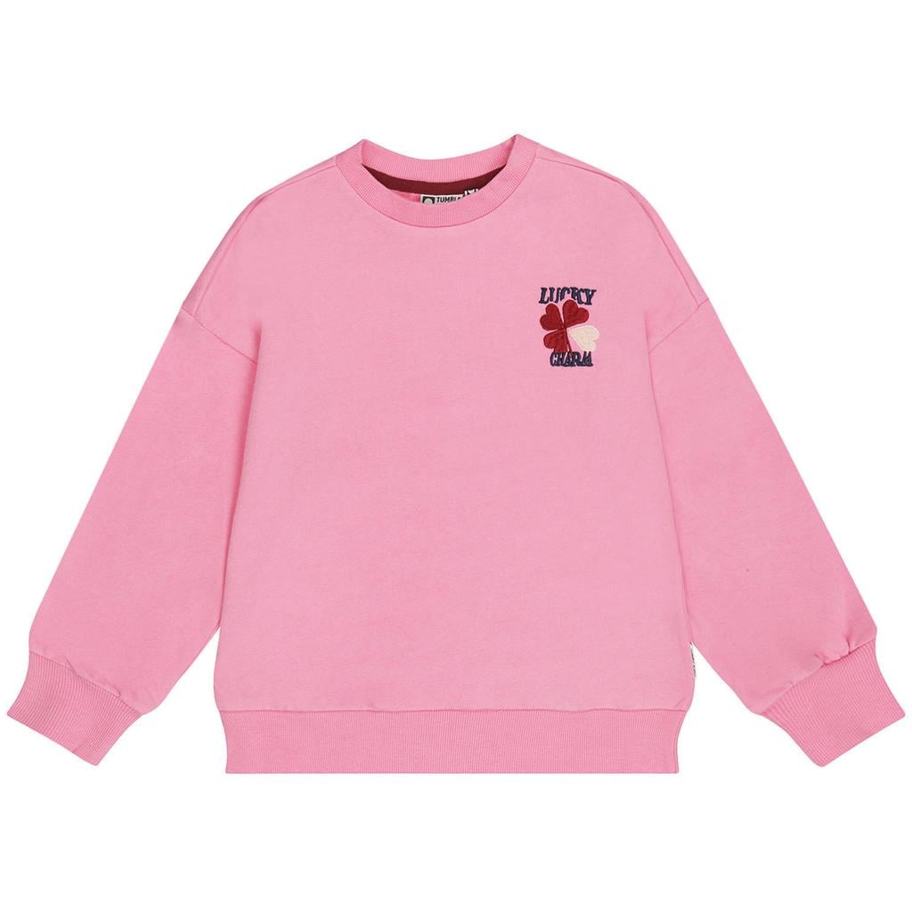 Roze meisjes Tumble 'n Dry sweater met lange mouwen, ronde hals en borduursels
