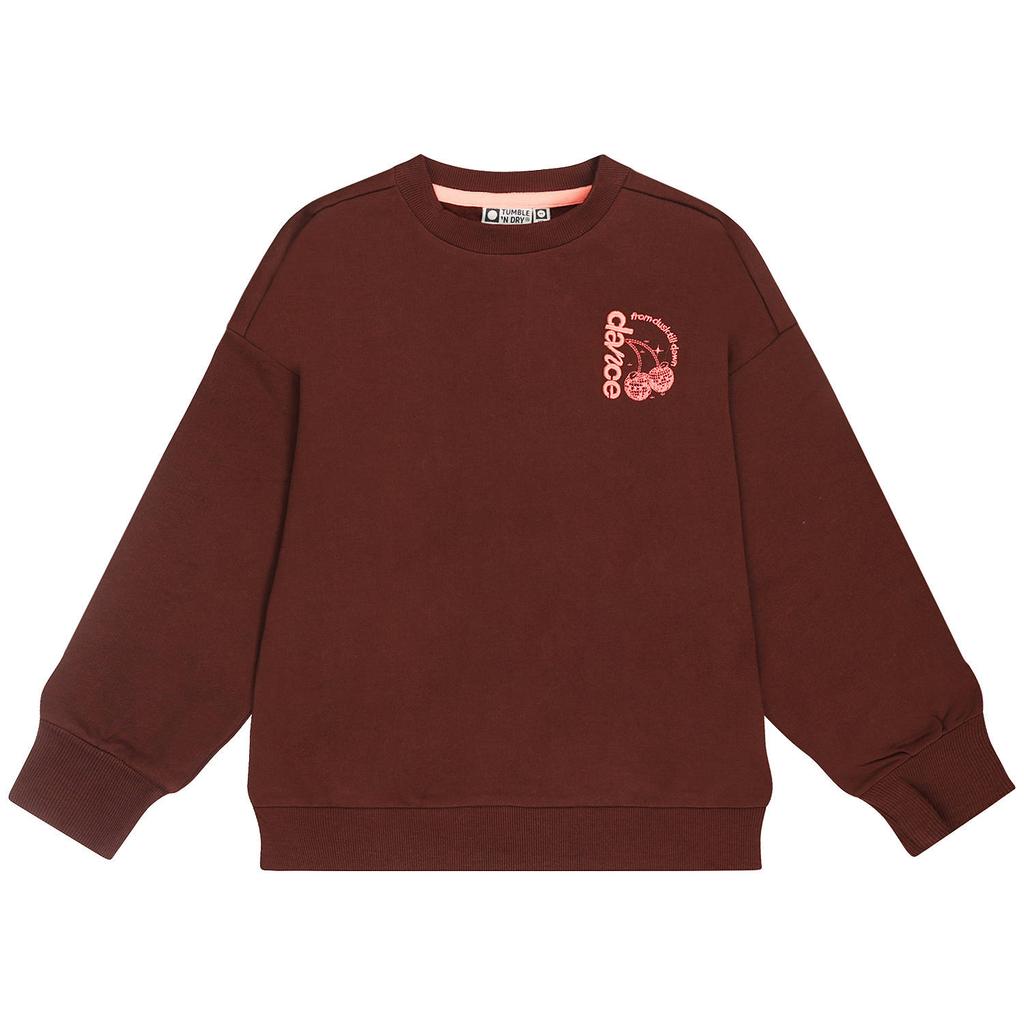 Donkerblauwe meisjes Tumble 'n Dry sweater en met backprint, lange mouwen, ronde hals en borduursels