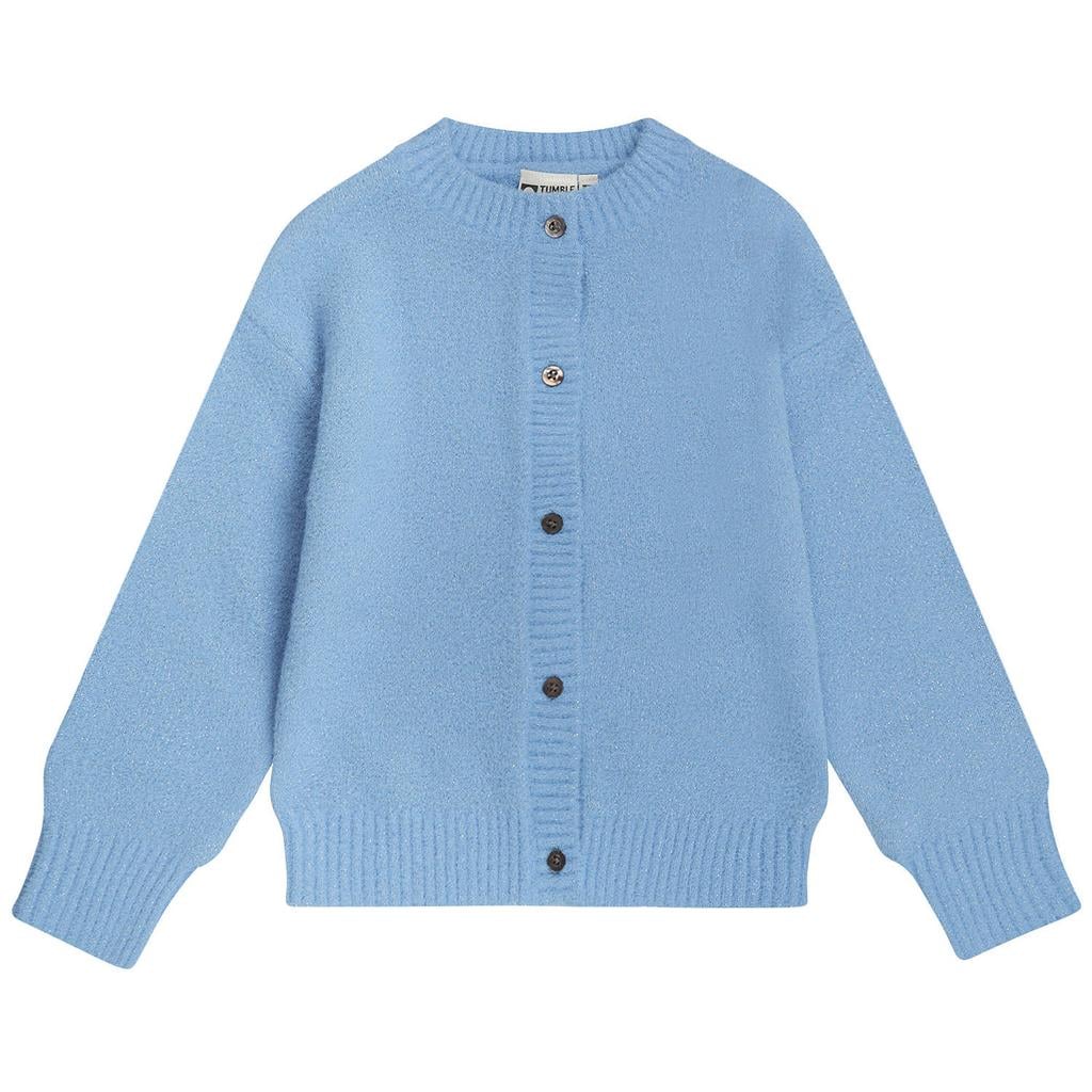 Blauwe meisjes Tumble 'n Dry sweat gebreid vest van polyamide met lange mouwen, ronde hals, knoopsluiting en lurex