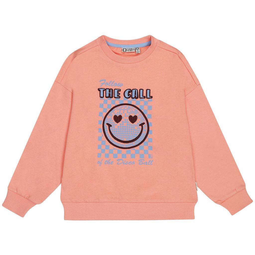 Zalmkleurige meisjes Tumble 'n Dry sweater met printopdruk, lange mouwen en ronde hals