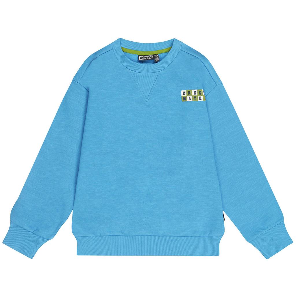 Blauwe jongens Tumble 'n Dry sweater met backprint, lange mouwen, ronde hals en borduursels