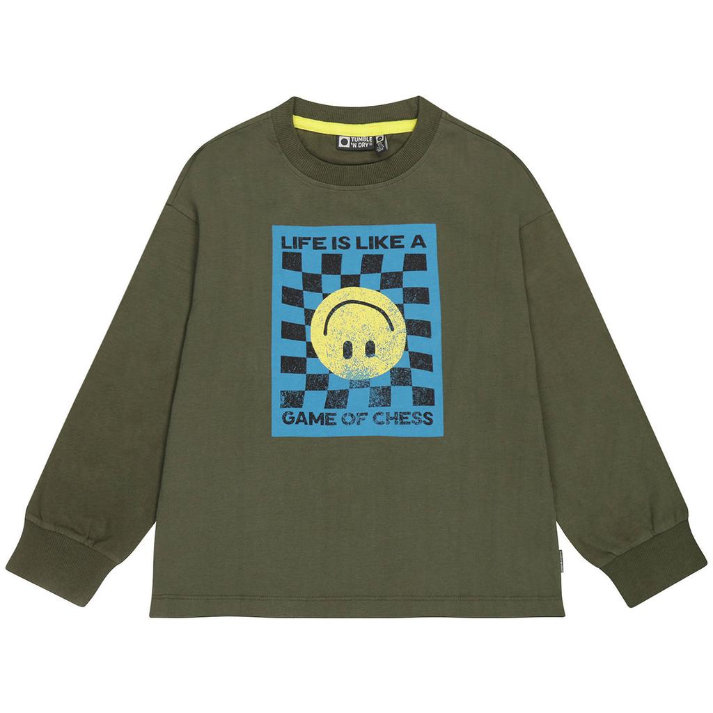 Olijfgroene jongens Tumble 'n Dry longsleeve boorden en print met lange mouwen en ronde hals