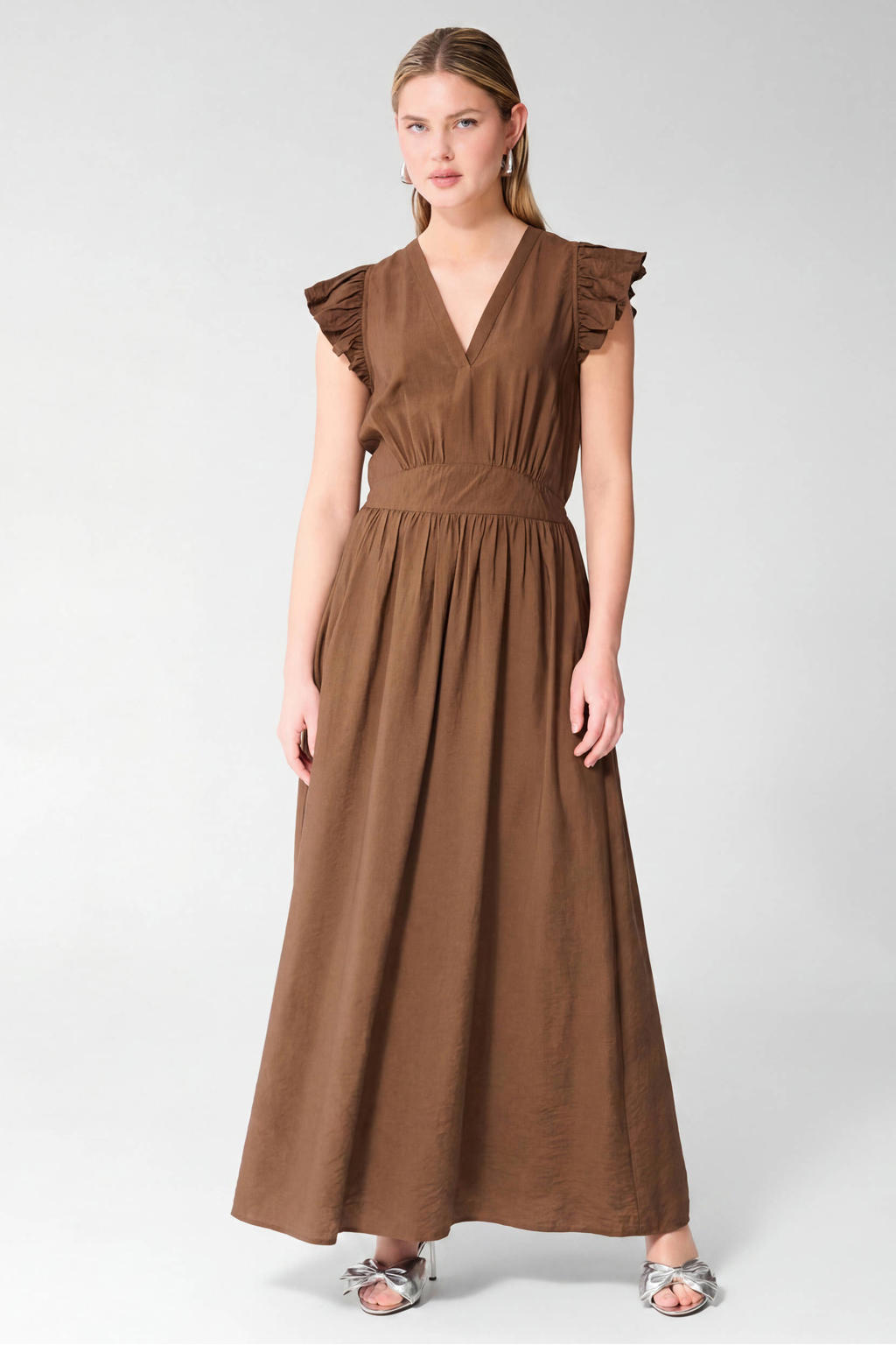 Bruine dames Shoeby zomerjurk van viscose met effen, korte mouwen, V-hals, elastische veter en volant