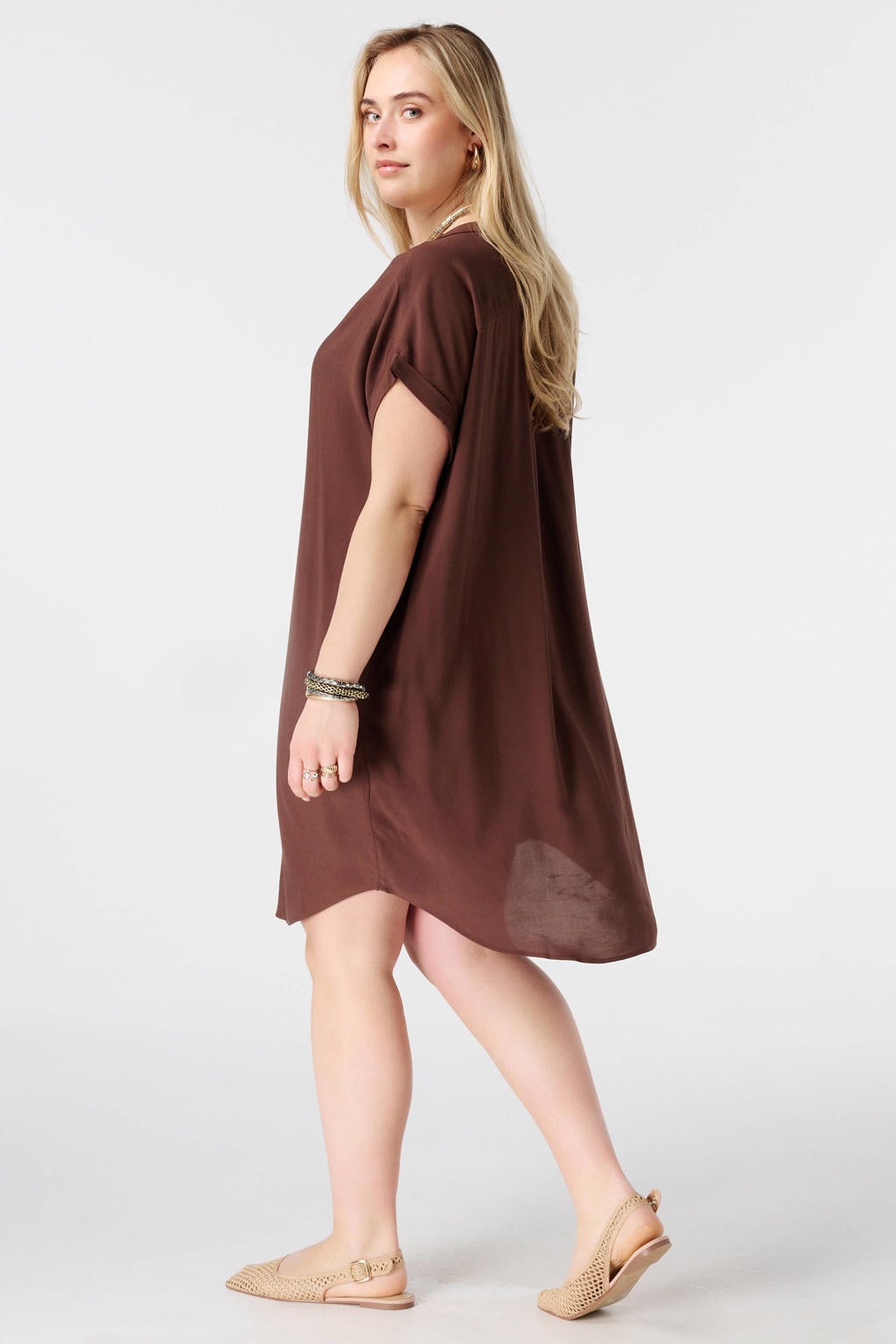 Bruine dames MS Mode zomerjurk van viscose met effen, korte mouwen en V-hals